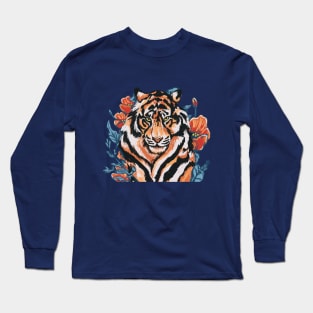 Tiger with Peonies by Cindy Rose Studio Long Sleeve T-Shirt